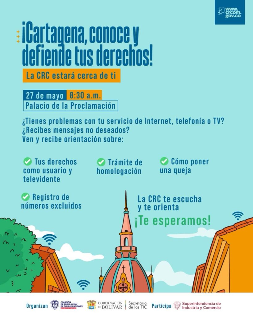 Invitación a la Ciudadanía a la charla de CRC, para conocer sobre sus derechos como usuarios el 27 de mayo de 2025 a las 8:30 a.m.